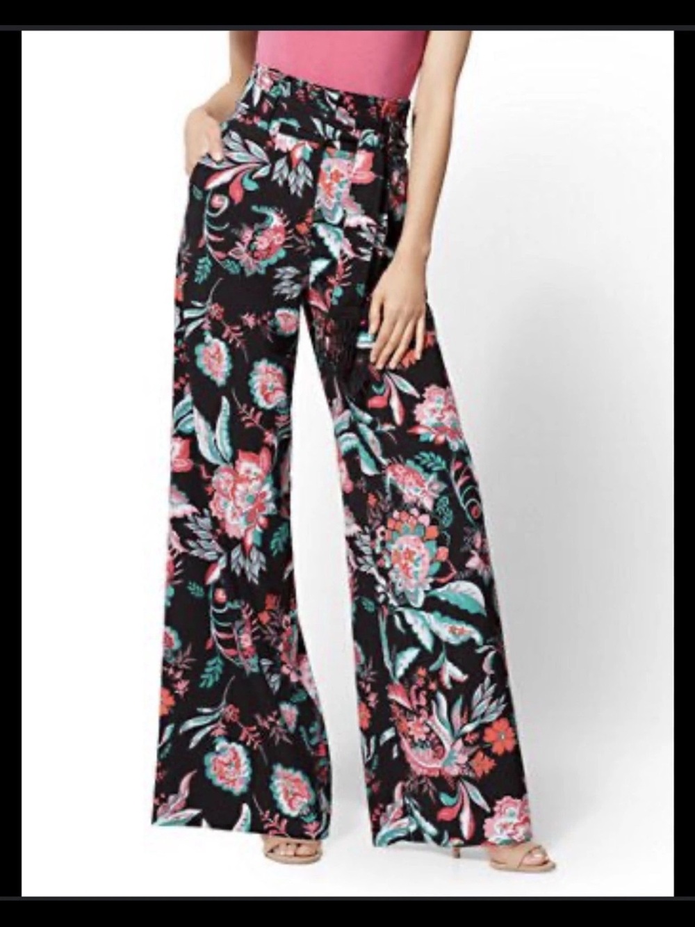 New York & Company Black Wide-Leg Floral Palazzo Pants with Pink & Teal
